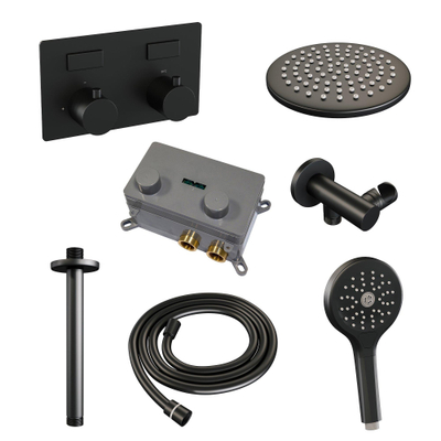 BRAUER Black Edition Douche de pluie thermostatique encastrée - boutons-poussoirs - SET 59 - pomme de douche 20 cm - bras de plafond - douchette 3 jets - flexible de douche - coude de raccordement mural - noir mat
