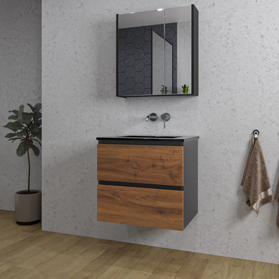 Adema Industrial 2.0 ensemble de meubles de salle de bain 60x45x55cm 1 vasque en céramique noire sans trou de robinetterie armoire de toilette noire bois/noir