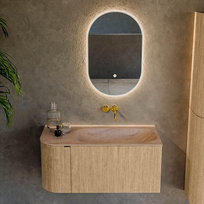 MONDIAZ KURVE-DLUX Meuble de salle de bains 95cm arrondi gauche couleur Oak avec 1 tiroir et 1 porte. Lavabo BIG SMALL à droite sans trou de robinet Saba.