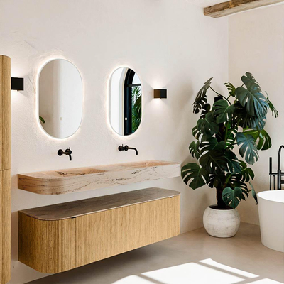 MONDIAZ THOR-DLUX 160cm meuble de salle de bains arrondi gauche + droite couleur Oak avec 1 tiroir et 2 portes. Vasque suspendue CLOUD Double sans trou de robinet couleur Arena.