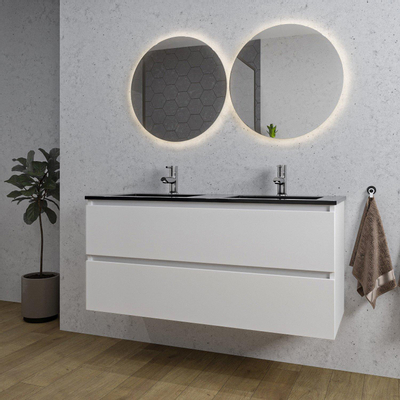 Saniclass Chaci Meuble de salle de bain - 120x45x55cm - lavabo en céramique noir mat - 2 vasques - 2 trous de robinet - 2 tiroirs - blanc mat
