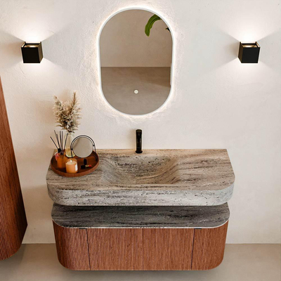 MONDIAZ THOR-DLUX 120cm meuble de salle de bains arrondi gauche + droite couleur Ruby avec 1 tiroir et 2 portes. Vasque suspendue CLOUD Milieu 1 trou de robinet couleur Oza.