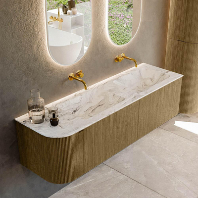 Mondiaz KURVE-DLUX Badkamermeubelset - 155x46x40cm - 2 lade - 1 deur - wastafel solid surface - dubbel / rechts - zonder kraangat - Dusk