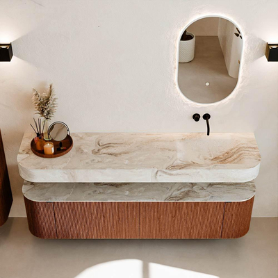 MONDIAZ THOR-DLUX 180cm meuble de salle de bains arrondi gauche + droite couleur Ruby avec 2 tiroirs et 2 portes. Vasque suspendue CLOUD Droite sans trou de robinet couleur Frappe.