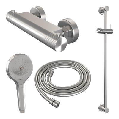 BRAUER Stripe Mitigeur thermostatique douche en saillie - SET 02 - barre coulissante - douchette 3 positions - flexible de douche - couleur inox brossé PVD