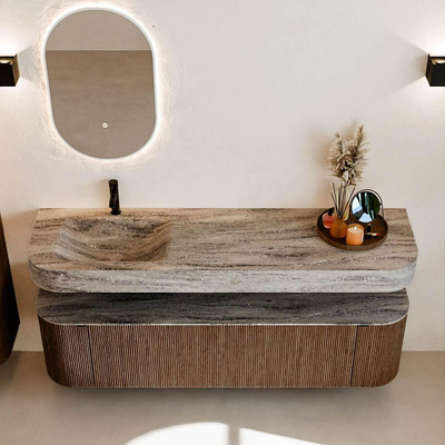 MONDIAZ THOR-DLUX Meuble de salle de bains 170cm arrondi gauche + droite couleur Walnut avec 1 tiroir et 2 portes. Vasque suspendue CLOUD Gauche 1 trou de robinet couleur Oza.