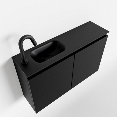 MONDIAZ TURE Kit lave-mains - 80x23x50cm - 1 trou de robinet - 2 portes - urban mat - Lavabo à gauche - Solid Surface Noir