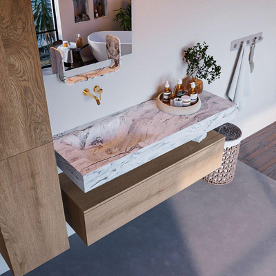 MONDIAZ ALAN - DLUX Ensemble de meubles de salle de bains - 130cm - meuble bas - Washed Oak - 1 tiroir - lavabo suspendu - vasque à gauche - 0 trous de robinet - Glace