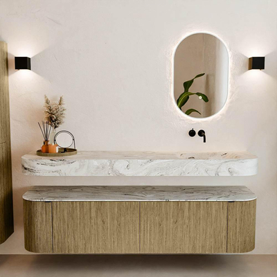 MONDIAZ THOR-DLUX 180cm meuble de salle de bains arrondi gauche + droite couleur Dusk avec 2 tiroirs et 2 portes. Vasque suspendue CLOUD Droite sans trou de robinet couleur Glace.