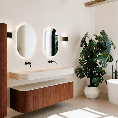 MONDIAZ THOR-DLUX 150cm meuble de salle de bains arrondi gauche + droite couleur Ruby avec 1 tiroir et 2 portes. Vasque suspendue CLOUD Double sans trou de robinet couleur Meli.