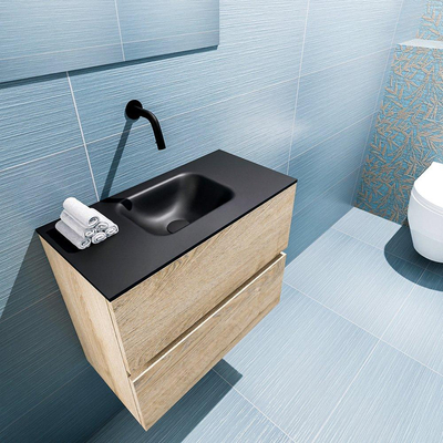 MONDIAZ ADA Meuble de WC - 60x30x50cm - 0 trous de robinet - 2 tiroirs - chêne blanchi mat - lavabo au centre - Solid surface - Noir