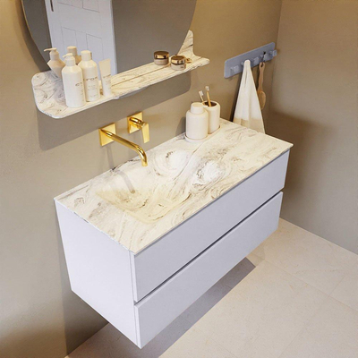 Mondiaz VICA-DLUX Ensemble de meuble de salle de bain - 100cm - meuble sous-vasque cale - 2 tiroirs - lavabo encastré cloud gauche - sans trous de robinet - version haute de 60cm - glace