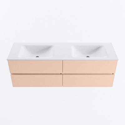 MONDIAZ VICA Ensemble meuble de salle de bains - 150cm - meuble bas rosee - 4 tiroirs - plan-vasque cloud double - sans trous de robinet - version haute 60cm - talc