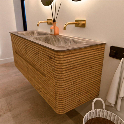 Mondiaz CIRO-DLUX Badkamermeubelset - 130x45x50cm - Solid surface wastafel Sombra - 2 wasbak Dubbel - zonder kraangaten - 4 lades - Oak