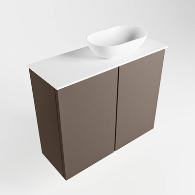 Mondiaz Fowy Toiletmeubel - 60x50x23cm - smoke mat - 1 kraangat - wasbak rechts - 2 deuren - solid surface - blad MDF - wasbak: wit