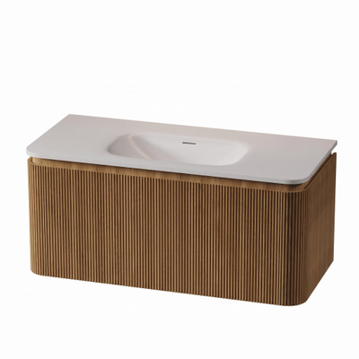 Royal Plaza Terra Edge Ensemble meuble de salle de bains - 100x44.7x46cm - vasque en solid surface blanc mat - 1 vasque - sans trou de robinet - 2 tiroirs - sandwood (chêne clair)