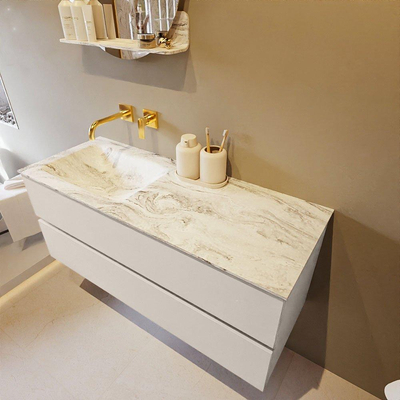 Mondiaz VICA-DLUX ensemble de meuble de salle de bain - 120cm - meuble sous lavabo lin - 2 tiroirs - lavabo encastré cloud gauche - sans trous de robinet - version haute de 60cm - glace