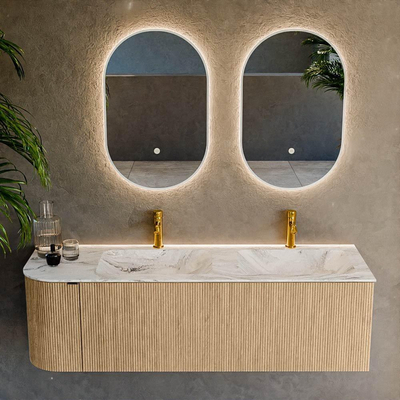 MONDIAZ KURVE-DLUX 145cm badmeubel met module 25 L kleur Oak met 1 lade en 1 deur. Wastafel LEAF dubbel / rechts 2 kraangaten kleur Glace.