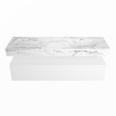 Mondiaz ALAN-DLUX Ensemble de meuble - 150cm - meuble Talc mat - 1 tiroir - Lavabo Cloud Glace suspendu - vasque Droite - 0 trous de robinet