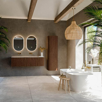 MONDIAZ KURVE-DLUX 145cm Meuble salle de bain avec module 25 D - couleur Walnut - 1 tiroir - 1 porte - vasque LEAF double / gauche - sans trou de robinet - couleur Opalo