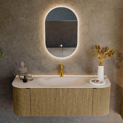 MONDIAZ KURVE-DLUX Meuble de salle de bains 130cm arrondi gauche + droite couleur Dusk avec 1 tiroir et 2 portes. Lavabo BIG SMALL central 1 trou de robinet Meli.