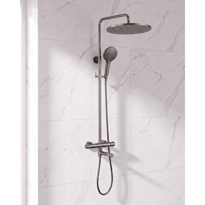 Fortifura Calvi Regendoucheset - thermostatisch - 30cm hoofddouche - metalen slang - ronde handdouche - draaibare baduitloop - Geborsteld Gunmetal PVD