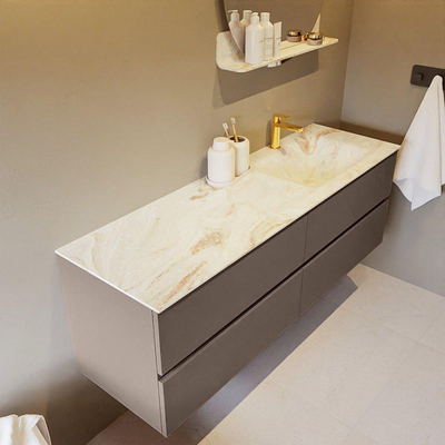 Mondiaz VICA-DLUX ensemble de meuble de salle de bain - 150cm - meuble sous-vasque fumée - 4 tiroirs - lavabo encastré nuage droite - 1 trou de robinet - version haute 60cm - frape