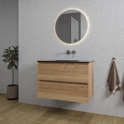Adema Chaci Meuble salle de bain - 80x46x55cm - 1 vasque en céramique noire - sans trou de robinet - 2 tiroirs - miroir rond avec éclairage - canelle