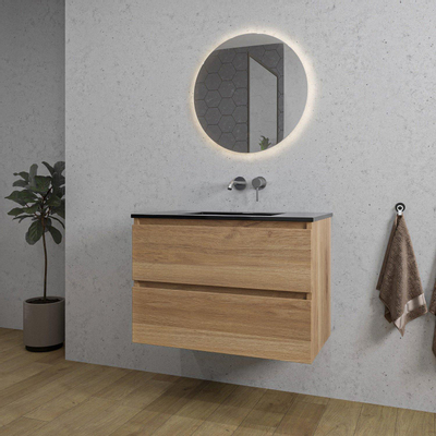 Saniclass Chaci Ensemble meuble de salle de bains - 80x46x55cm - lavabo céramique noir - 1 vasque - sans trou de robinet - 2 tiroirs - miroir rond avec éclairage - chêne