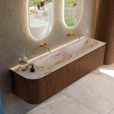 MONDIAZ KURVE-DLUX 165cm badmeubel ronding Links kleur Walnut met 2 lades en 1 deur. Wastafel STOR SMALL Dubbel / Rechts zonder kraangat Nata.