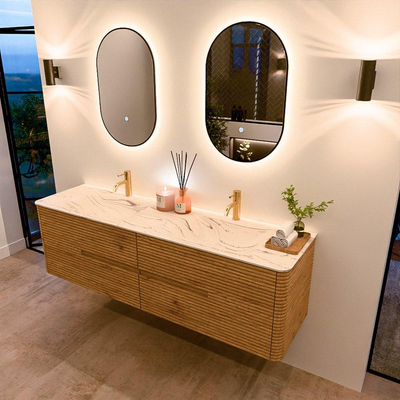 Mondiaz CIRO-DLUX Badkamermeubelset - 170x45x50cm - Solid surface wastafel Nata - 2 wasbak Dubbel - 2 kraangaten - 4 lades - Oak