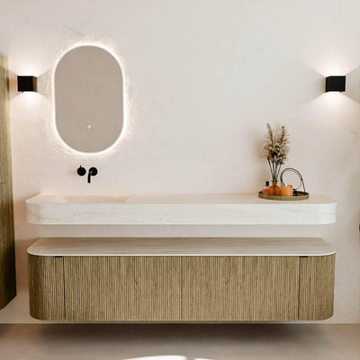 MONDIAZ THOR-DLUX Meuble de salle de bains - 190cm - arrondi gauche + droite - couleur Dusk - 2 tiroirs et 2 portes - Vasque suspendue CLOUD Gauche sans trou de robinet - couleur Meli