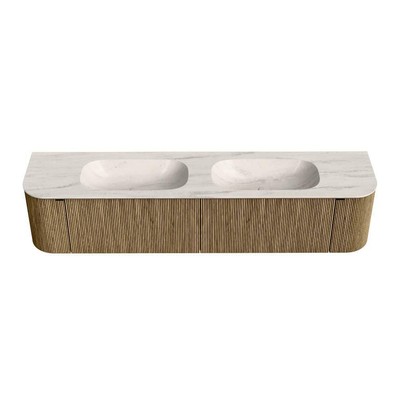 MONDIAZ KURVE-DLUX Meuble de salle de bains 200cm arrondi Gauche + Droite couleur Dusk avec 2 tiroirs et 2 portes. Lavabo STOR SMALL Double sans trou de robinet Meli.