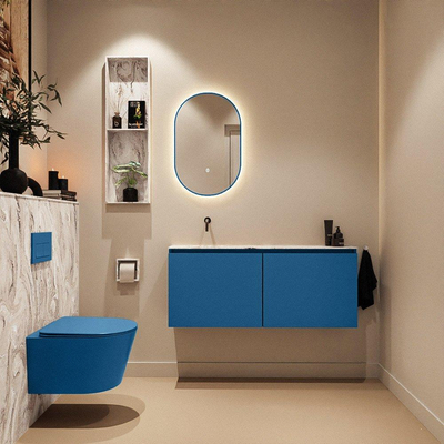 MONDIAZ TURE-DLUX Meuble toilette - 120cm - Jeans - EDEN - vasque Glace - position gauche - sans trou de robinet