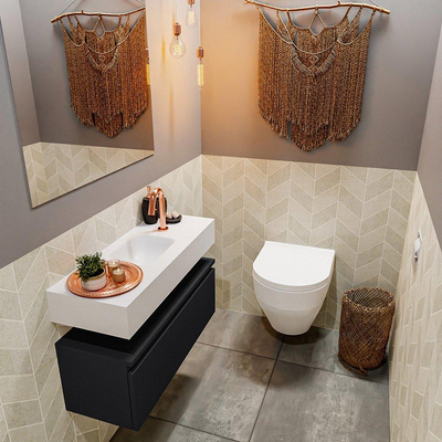 MONDIAZ ANDOR Meuble WC - 80x30x30cm - 1 trou de robinet - 1 tiroir - urban mat - vasque au milieu - Solid surface - Blanc