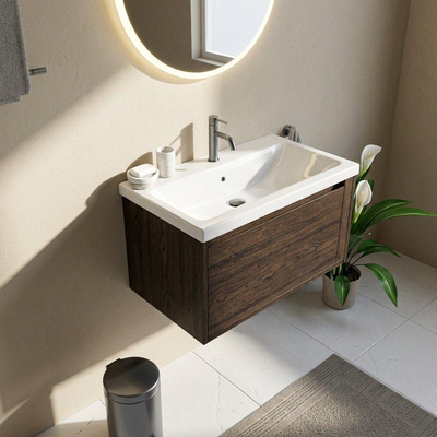 Saniclass Holz Frame Ensemble meuble de salle de bains - 80x45x43.5cm - Bari lavabo en céramique blanc - 1 vasque - 1 trou de robinetterie - 1 tiroir - chêne charcoal mat (bois)