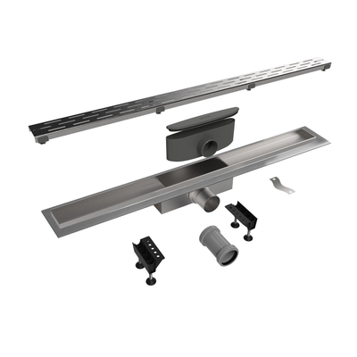 Easy Drain Compact 50 caniveau de douche inox avec plaque simple inox, flasque inox standard, siphon 50mm, 80cm, profondeur d'encastrement 83mm avec sortie latérale.