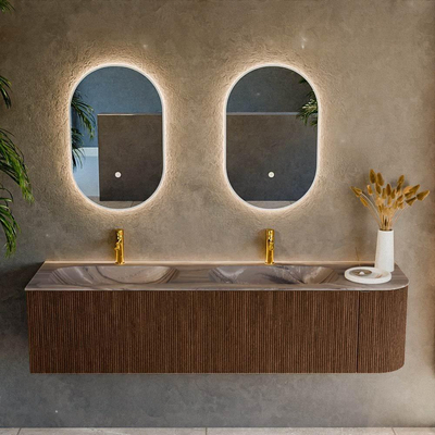 MONDIAZ KURVE-DLUX 175cm badmeubel ronding Rechts kleur Walnut met 2 lades en 1 deur. Wastafel STOR SMALL Dubbel / Links 2 kraangaten Sombra.