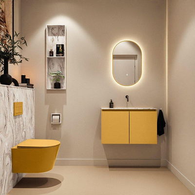 MONDIAZ TURE-DLUX Meuble toilette - 80cm - Ocher - EDEN - vasque Glace - position centrale - sans trou de robinet