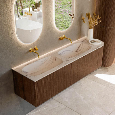 MONDIAZ KURVE-DLUX 165cm meuble de salle de bains arrondi à droite couleur Walnut avec 2 tiroirs et 1 porte. Lavabo STOR SMALL Double / Gauche sans trou de robinet Nata.