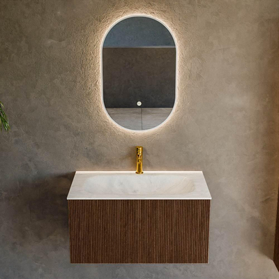 MONDIAZ KURVE-DLUX 80cm badmeubel kleur Walnut met 1 lade. Wastafel BIG SMALL midden 1 kraangat kleur Opalo.