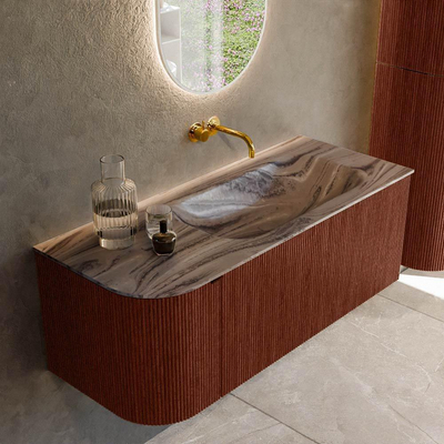 MONDIAZ KURVE-DLUX Meuble de salle de bains 115cm arrondi à gauche couleur Ruby avec 1 tiroir et 1 porte. Vasque BIG SMALL à droite sans trou de robinet Sombra.