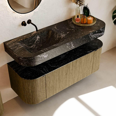 MONDIAZ THOR-DLUX 130cm meuble de salle de bains arrondi gauche + droite couleur Dusk avec 1 tiroir et 2 portes. Vasque suspendue CLOUD gauche sans trou de robinet couleur Lava.