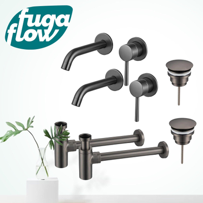FugaFlow Eccelente Sobrado Badkamer Slim Wastafelkraanset - voor dubbele wastafel - inbouw wastafelkraan - always open plug - design sifon - PVD Gepolijst Gunmetal