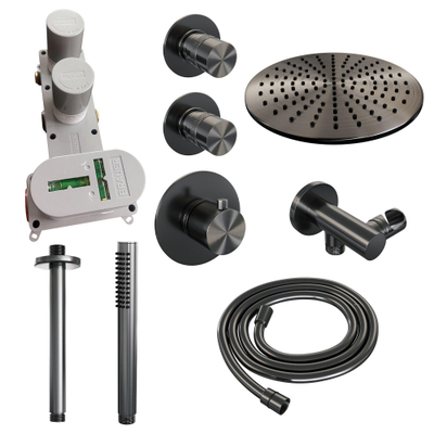 Brauer Gunmetal Edition Ensemble de douche pluie encastré - douche principale 30cm - bras plafond - 3 boutons lisses - douchette à main 1 fonction - PVD - gunmetal brossé