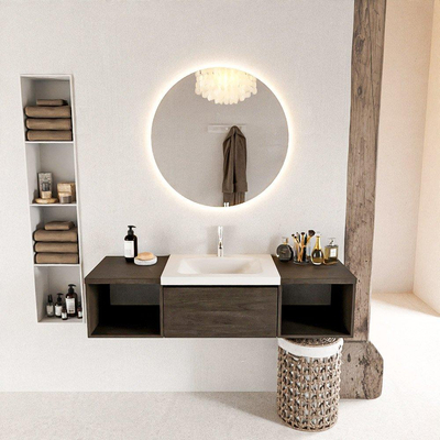 MONDIAZ BUKLA 140cm ensemble de meuble avec module ouvert 40 L+R couleur Marron Foncé avec 2 tiroirs. Lavabo CLOUD centre 1 trou de robinet couleur Talc.