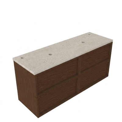 Saniclass Holz Frame Ensemble meuble de salle de bains - 140x45x63cm - Plan de travail en pierre naturelle travertin - 2 trous de robinet - 4 tiroirs - brillant walnut pure (bois)