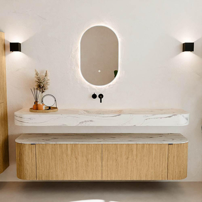 MONDIAZ THOR-DLUX 190cm meuble de salle de bains arrondi gauche + droite couleur Chêne avec 2 tiroirs et 2 portes. Vasque suspendue CLOUD Milieu sans trou de robinet couleur Nata.