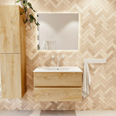 MONDIAZ VICA meuble sous lavabo 80cm Chêne Blanchi 2 tiroirs. Lavabo DENIA centre 1 trou de robinet, couleur Blanc Brillant.