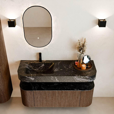 MONDIAZ THOR-DLUX 130cm meuble de salle de bains arrondi gauche + droite couleur Walnut avec 1 tiroir et 2 portes. Vasque suspendue CLOUD gauche 1 trou de robinet couleur Lava.